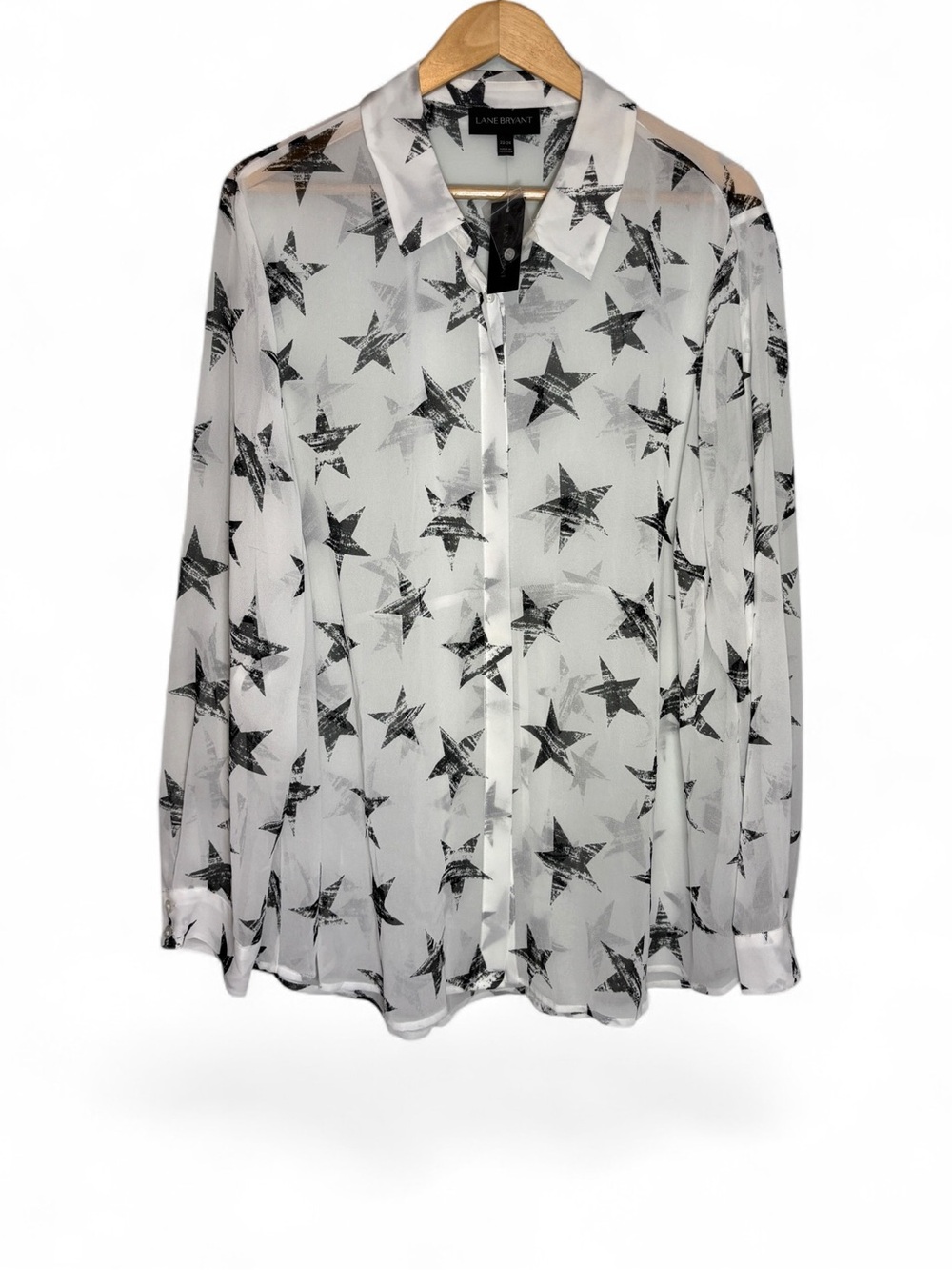 New Lane Bryant 22/24 White Black Star Sheer Chiffon Collared Blouse Top Plus 2X